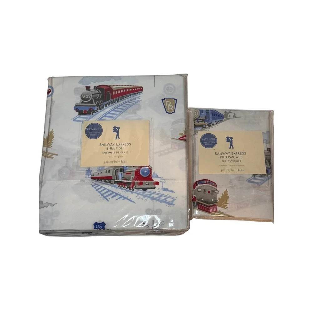 Pottery Barn Kids Railway Express Twin Sheet Set + Pillowcase NIP Cotton Trains